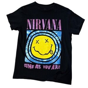 Nirvana Smiley Face Come As You Are Graphic T Shirt Black Size Small